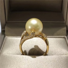18k金镶嵌钻石戒指天然金珠11-12mm正圆 强光 滑皮
